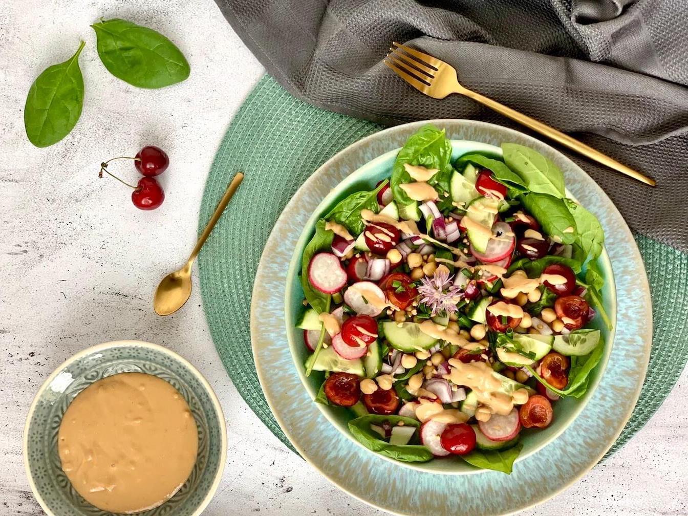 Green Leafy Salad with Cherries and Miso Dressing