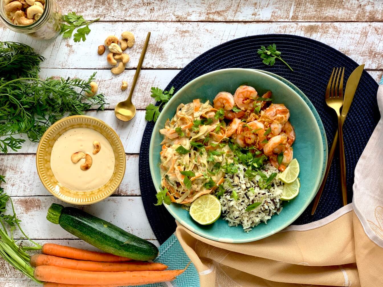 Prawns with Zucchini and Carrot Noodles in a Nut Sauce