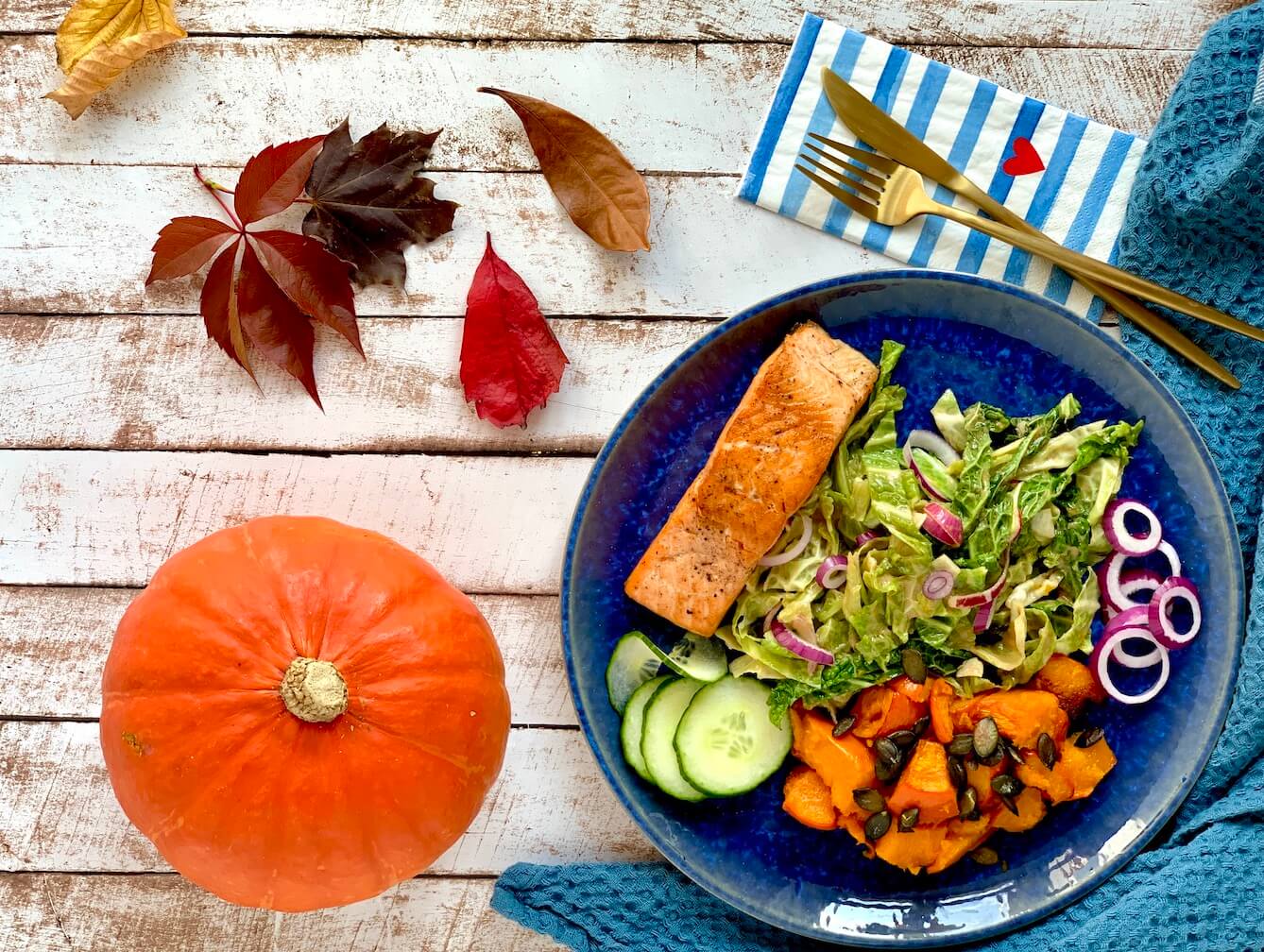 Salmon with Pumpkin and Savoy Cabbage Salad